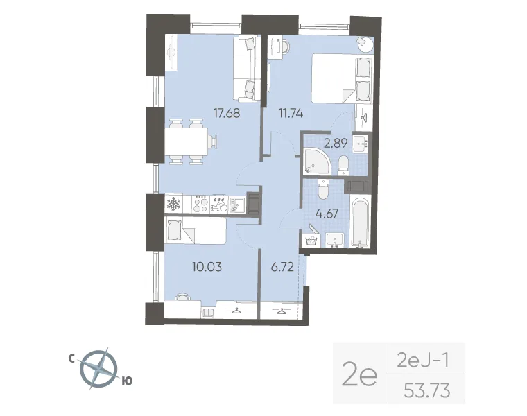 Планировка: Двухкомнатная квартира 54 м² в «Бульвар Грина»