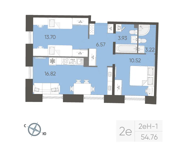 Планировка: Двухкомнатная квартира 55 м² в «Бульвар Грина»
