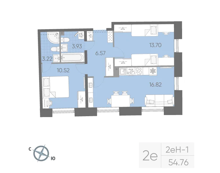 Планировка: Двухкомнатная квартира 55 м² в «Бульвар Грина»