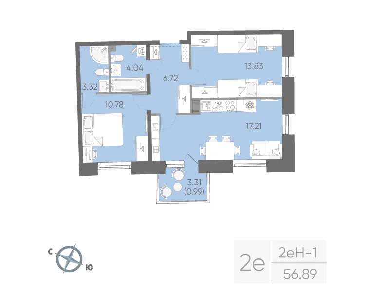 Планировка: Двухкомнатная квартира 57 м² в «Бульвар Грина»