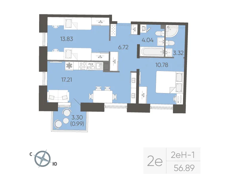 Планировка: Двухкомнатная квартира 57 м² в «Бульвар Грина»