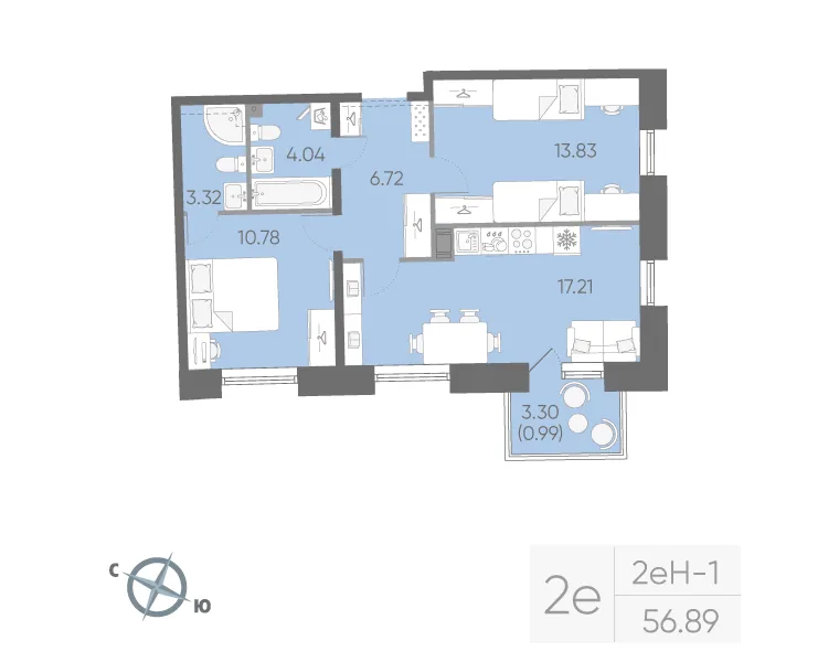 Планировка: Двухкомнатная квартира 57 м² в «Бульвар Грина»