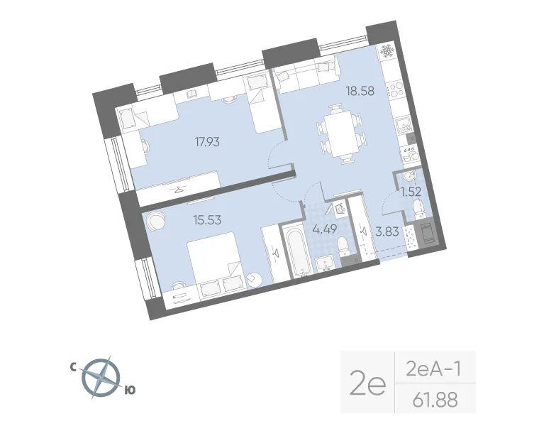 Планировка: Двухкомнатная квартира 62 м² в «Бульвар Грина»