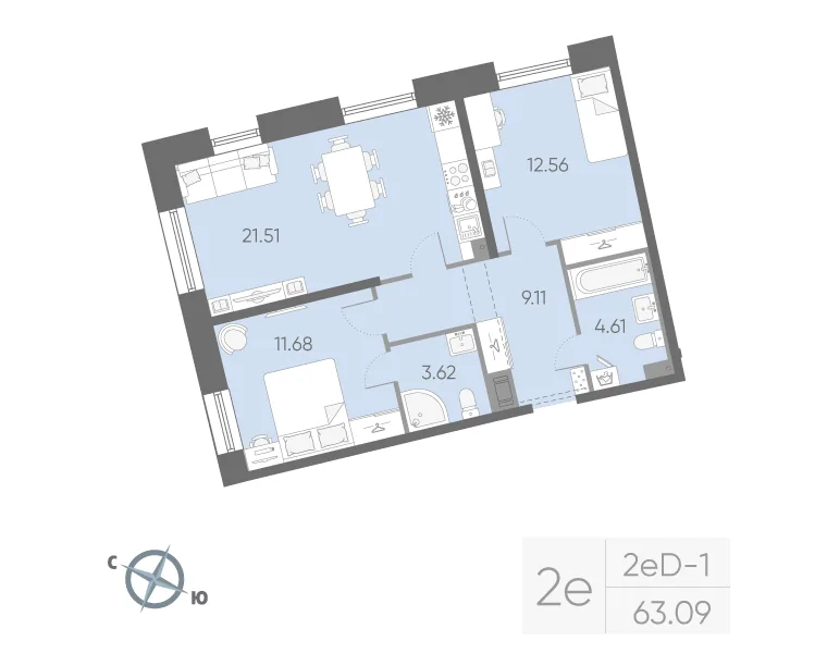Планировка: Двухкомнатная квартира 63 м² в «Бульвар Грина»