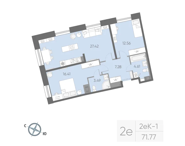 Планировка: Двухкомнатная квартира 72 м² в «Бульвар Грина»