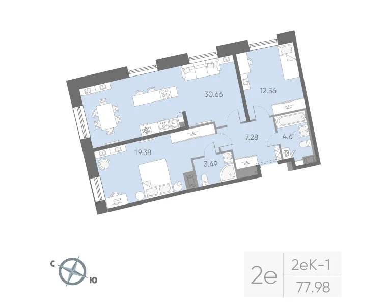 Планировка: Двухкомнатная квартира 78 м² в «Бульвар Грина»