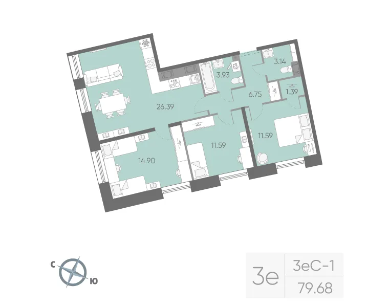 Планировка: Трёхкомнатная квартира 80 м² в «Бульвар Грина»