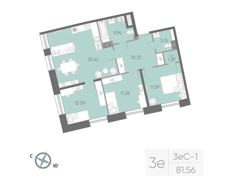 Планировка: Трёхкомнатная квартира 82 м² в «Бульвар Грина»