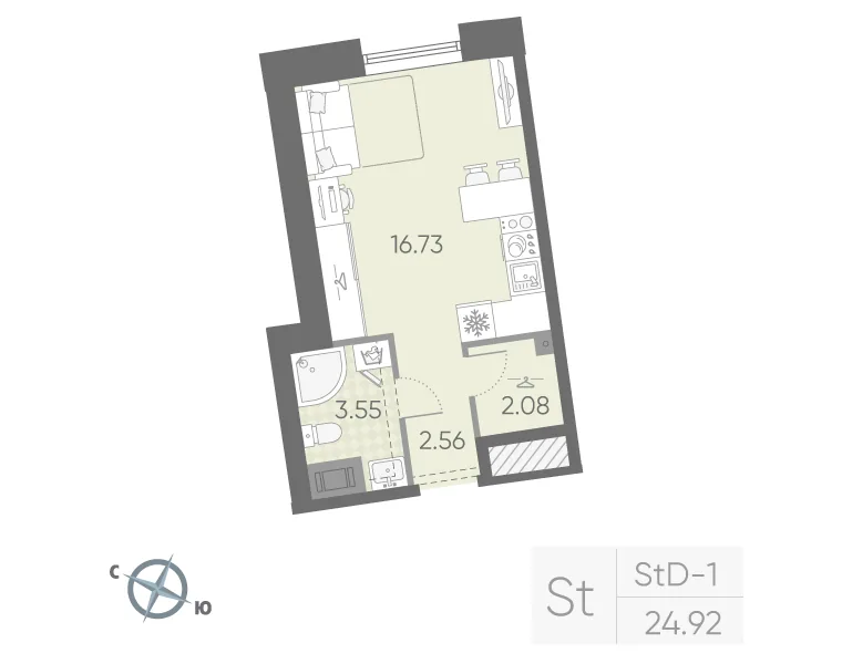 Планировка: Студия квартира 25 м² в «Бульвар Грина»